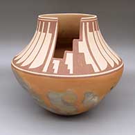 Polychrome jar with micaceous clay and slip, a kiva step geometric cut opening, fire clouds, and a kiva step and feather ring geometric design above shoulder
 by Lonnie Vigil of Nambe