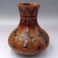 Polychrome jar with a tall flared neck and a sgraffito and painted male Yei and Dineh carpet design
 by Lorraine Williams of Dineh