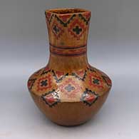 Polychrome jar with square opening and sgraffito and painted Dineh carpet design
 by Lorraine Williams of Dineh