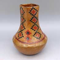 Polychrome jar with square opening and sgraffito and painted Navajo carpet design
 by Lorraine Williams of Dineh