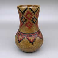 Polychrome jar with a pine pitch coating, a flared neck, and a sgraffito and painted Dineh carpet geometric design
 by Lorraine Williams of Dineh