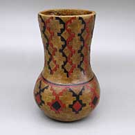 Polychrome jar with a pine pitch coating, a flared neck, and a sgraffito and painted Dineh carpet geometric design
 by Lorraine Williams of Dineh