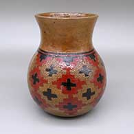 Polychrome jar with a flared opening, a pine pitch coating, an indented texture, and a sgraffito and painted Dineh carpet geometric design
 by Lorraine Williams of Dineh