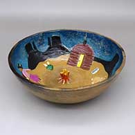 Polychrome lifestyle bowl with a pine pitch coating, fire clouds, and an applique and painted bonfire at night scene with a glitter starry sky detail
 by Elizabeth Manygoats of Dineh