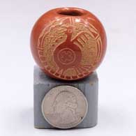 Miniature red jar with a sgraffito Mimbres turkey and geometric design in a medallionG12
 by Mae Tapia of Santa Clara