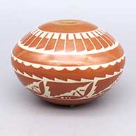 Small brown jar with ring of feathers and geometric design
 by Ursula Curran of Santa Clara
