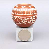 Miniature white-on-red jar with a ring of feathers and geometric designD12
 by Ursula Curran of Santa Clara