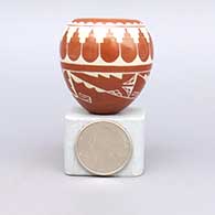 Miniature white-on-red jar with a ring of feathers and geometric designD16
 by Ursula Curran of Santa Clara