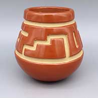 Brown jar with carved kiva step and geometric design
 by LuAnn Tafoya of Santa Clara