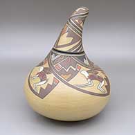 Polychrome gourd shaped lidded jar with a four panel rabbit and geometric design and a matching lid
 by Lois Gutierrez of Santa Clara