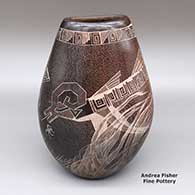 Sienna jar with an organic opening and a sgraffito avanyu, underwater scene, and geometric design
 by Bernice Naranjo of Taos