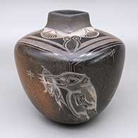 Sienna jar with four sides and a sgraffito heron, frog, fish, bird, dragonfly, and geometric design
 by Dusty Naranjo of Santa Clara