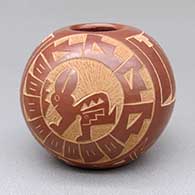Small red jar with a sgraffito quail, rabbit, feather ring, kiva step, and geometric design
 by Candelaria Suazo of Santa Clara