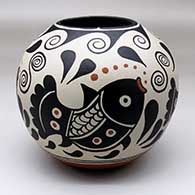 Polychrome jar with a four-panel fish, bubble and water symbol design
 by Thomas Tenorio of Santo Domingo