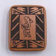 Miniature black-on-red tile with a buffalo dancer and geometric designK22
 by Heishi Flower of San Ildefonso