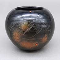 Small black jar with sienna spots, a two-panel sgraffito quail, yucca flower, pine needle, desert landscape, spider, and geometric design, and inlaid stone details
 by Barbara Gonzales of San Ildefonso