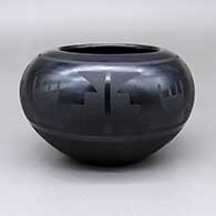 Small black-on-black jar with a painted kiva step, feather ring, and geometric design
 by Marvin and Frances Martinez of San Ildefonso