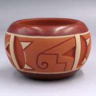Polychrome Potsuwii bowl with a 4-panel carved, sgraffito and painted geometric design
 by Rosita de Herrera of Ohkay Owingeh