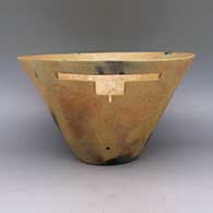 Micaceous gold bowl with geometric cut out and fire clouds
 by Angie Yazzie of Taos