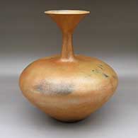 Micaceous gold jar with fire clouds and a distinctive long, thin neck ending in a flared opening.
 by Angie Yazzie of Taos