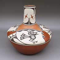 Polychrome jar with a tall neck and a three panel roadrunner and geometric design
 by Ruby Panana of Zia