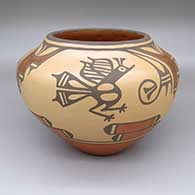 Polychrome jar with a three panel roadrunner and geometric design
 by Ruby Panana of Zia