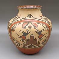 Polychrome jar with a flared, pie crust opening and a painted traditional Zia design, with roadrunner, flower, and geometric elements
 by Ruby Panana of Zia