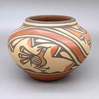 Polychrome jar with a traditional Zia design featuring roadrunner, rainbow, and geometric elements
 by Ruby Panana of Zia