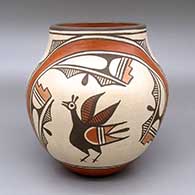 Polychrome jar with a two-panel traditional Zia design featuring roadrunner, flower, rainbow, fine line, kiva step, and geometric elements
 by Elizabeth Medina of Zia