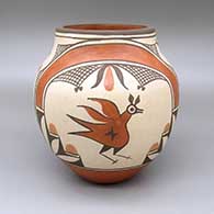 Polychrome jar with a two-panel traditional Zia design featuring roadrunner, flower, rainbow, hummingbird, fine line, and geometric elements
 by Elizabeth Medina of Zia