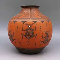 Polychrome jar with frog, tadpole and geometric design, click or tap to see a larger version
