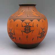Polychrome jar with frog, tadpole and geometric design, click or tap to see a larger version