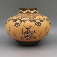Polychrome jar with frog, tadpole, and geometric design, click or tap to see a larger version