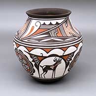 A polychrome jar with a flared rim and a six-panel deer-in-his-house, rosette and geometric design
 by Carlos Laate of Zuni