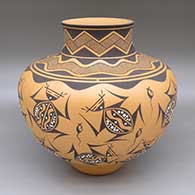 Polychrome jar with a slightly flared opening and a frog, tadpole, and geometric design
 by Anderson Jamie Peynetsa of Zuni