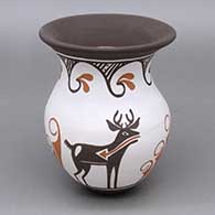 Polychrome jar with a flared opening and a deer-with-heart-line and geometric design
 by Carlos Laate of Zuni