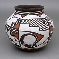 Polychrome jar with a slightly flared opening and a kiva step and geometric design
 by Carlos Laate of Zuni