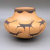 Polychrome jar with a deer-with-heart-line and geometric design
 by Anderson Jamie Peynetsa of Zuni