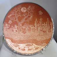 Red and white bowl with sgraffito Night of the Dead motif Sgraffito Night of the Dead motif on a red and white bowl