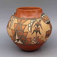 A polychrome jar with appliques and a corn stalk, rain cloud and geometric design