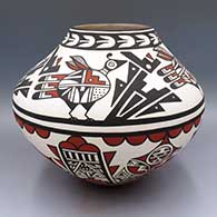 Polychrome jar with a 4-panel bird and geometric design above the shoulder and a 4-panel katsina and geometric design below the shoulder
 by Joseph Latoma of San Felipe