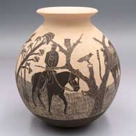 Black-on-white jar with a rolled lip and a sgraffito cowboys, horses, birds and plants in a desert scene
 by Monico Rodriguez of Mata Ortiz and Casas Grandes