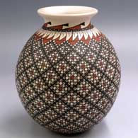 Polychrome jar with a rolled lip and a cuadrillos and geometric design
 by Alma Flores of Mata Ortiz and Casas Grandes