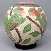 Polychrome sgraffito and painted parrot, branch and geometric design, click or tap to see a larger version