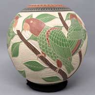 Polychrome sgraffito and painted parrot, branch and geometric design, click or tap to see a larger version