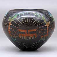 A polychrome bowl decorated with a sgraffito and painted Dawa, kokopelli, Hopi dancers and geometric design, click or tap to see a larger version