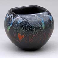 A polychrome bowl with a square opening and decorated with a sgraffito and painted masked Hopi dancer, bear and geometric design
 by Ergil Vallo of Acoma