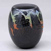 A polychrome jar decorated with a sgraffito and painted masked Hopi dancers and geometric design
 by Ergil Vallo of Acoma
