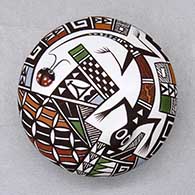 Click for a larger view A miniature polychrome seed pot decorated with lizard and lady bug appliques and painted with a fineline and geometric design
by Sharon Lewis of Acoma