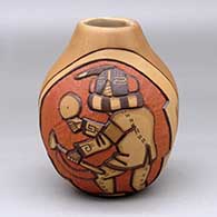 Click for a larger view A polychrome jar decorated with a two panel carved and painted masked Hopi dancers and geometric design
 by Elvira Nampeyo of Hopi